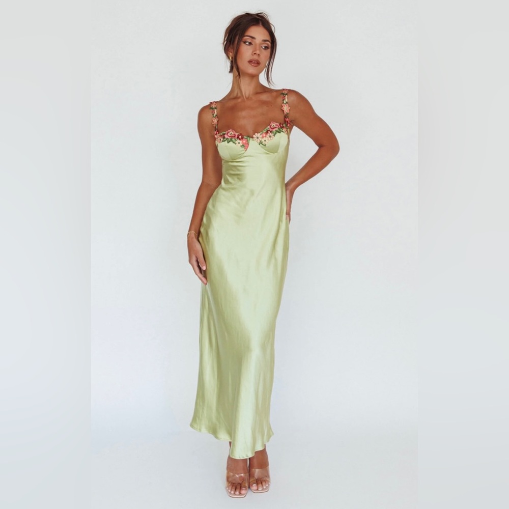ANGEL BIBA ROSE GARDEN FLORAL APPLIQUE MIDI DRESS LIME